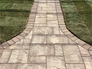 cambridge riverbed blend ledgestone random pattern front walkway walk pavers 6x9 chestnut border flared sidewalk